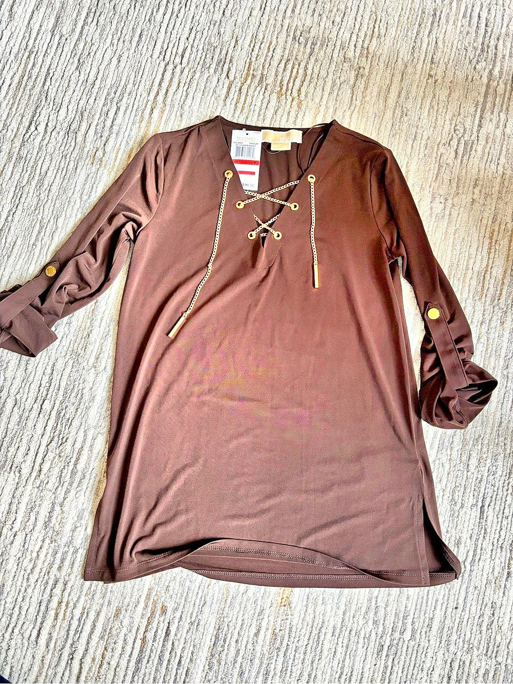 Michael Kors PH3MS332 Lace-Up Blouse in Brown Size P NWT